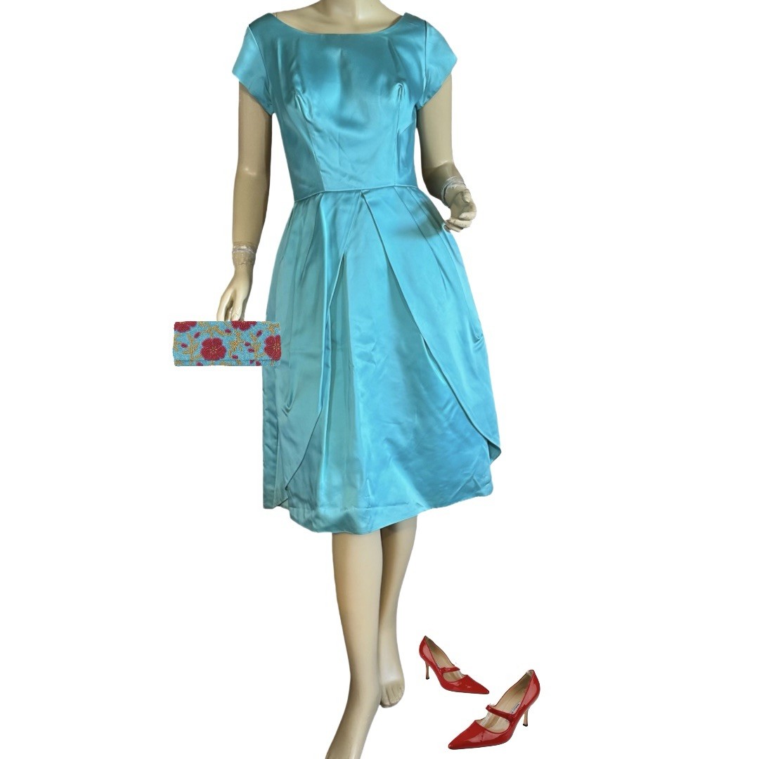 VINTAGE CIRCA 1950’S AQUA BLUE SATIN BUBBLE HEM PARTY DRESS SZ APPX SMALL