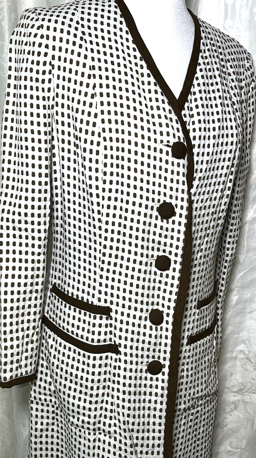 Vtg Coat Jacket White 60s Designer Montaldos Lightweight Brown Polka Dot S M