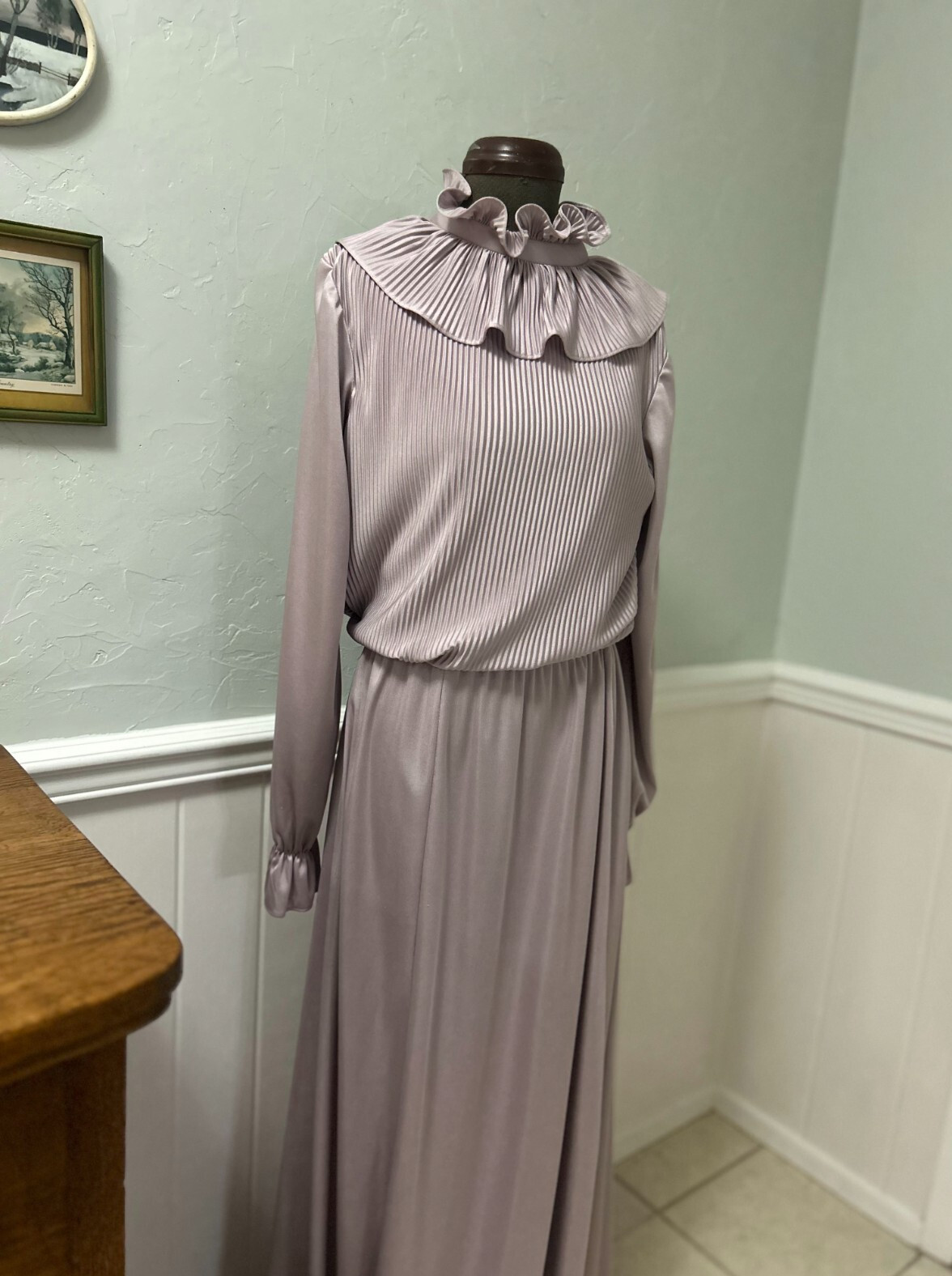 Vintage Dusty pale purple maxi dress ruffle pleated skirt 70s 80s