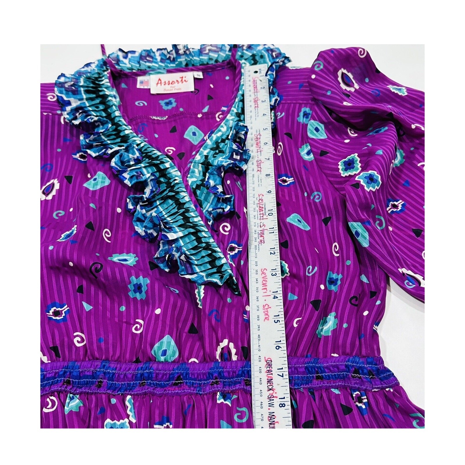 Vintage Assorti Susan Freis Size S Maxi Dress Purple Green Ruffle Smocked V Neck