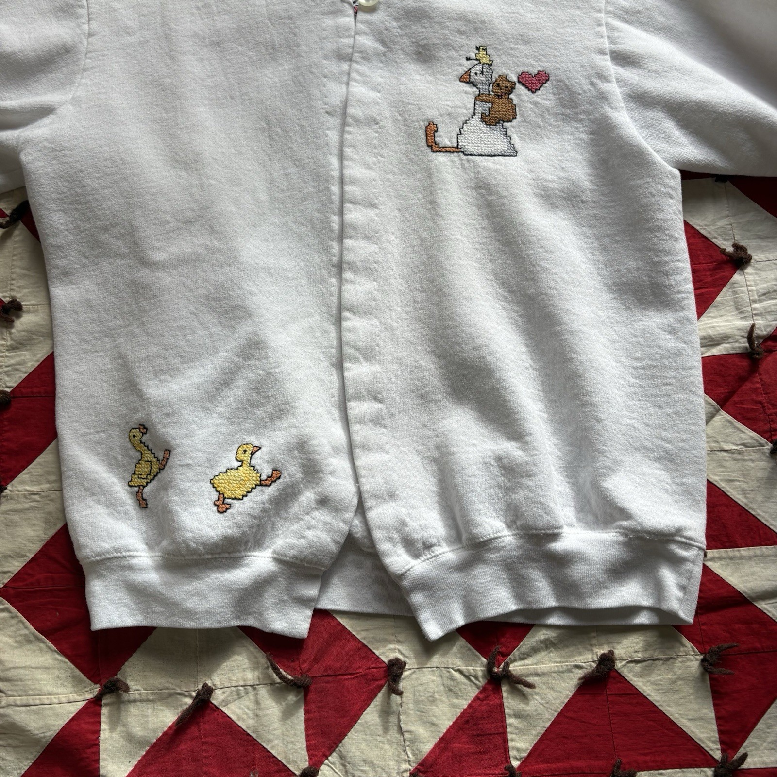 Vintage Y2K Cross Stitch Open Front Sweatshirt Women’s Cute White Grandma Style