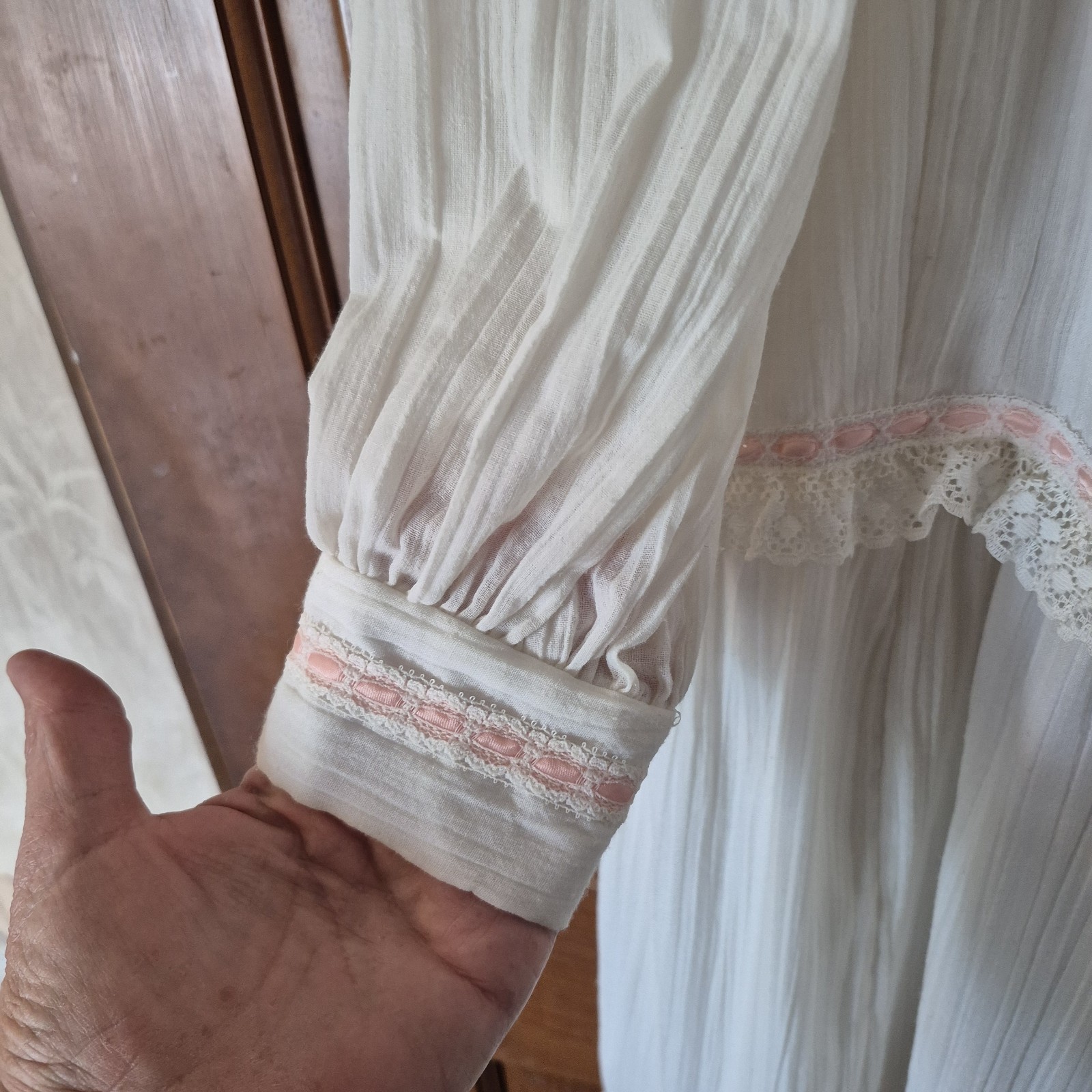 Hand Sewn, Vintage Prairie Dress, Long White Cotton Gauze, Pink Ribbon Size 12