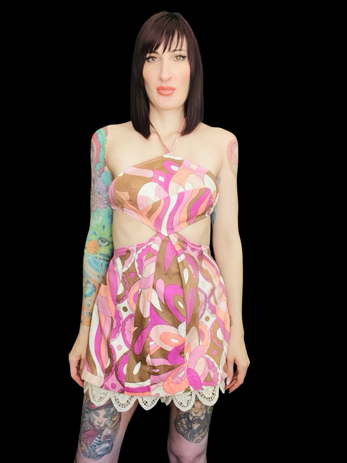 Vintage 1960s Psychedelic Cotton Candy Pink Geometric Cut Out Mini Dress Small