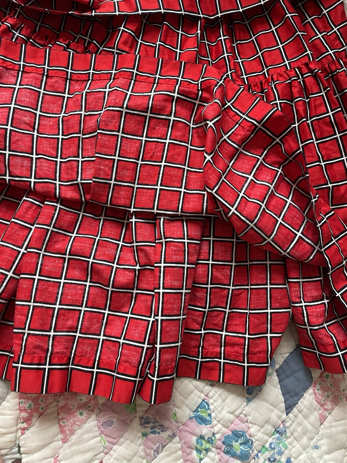 Vintage 70s Yves Saint Laurent Red Black White Grid Tiered A Line Skirt