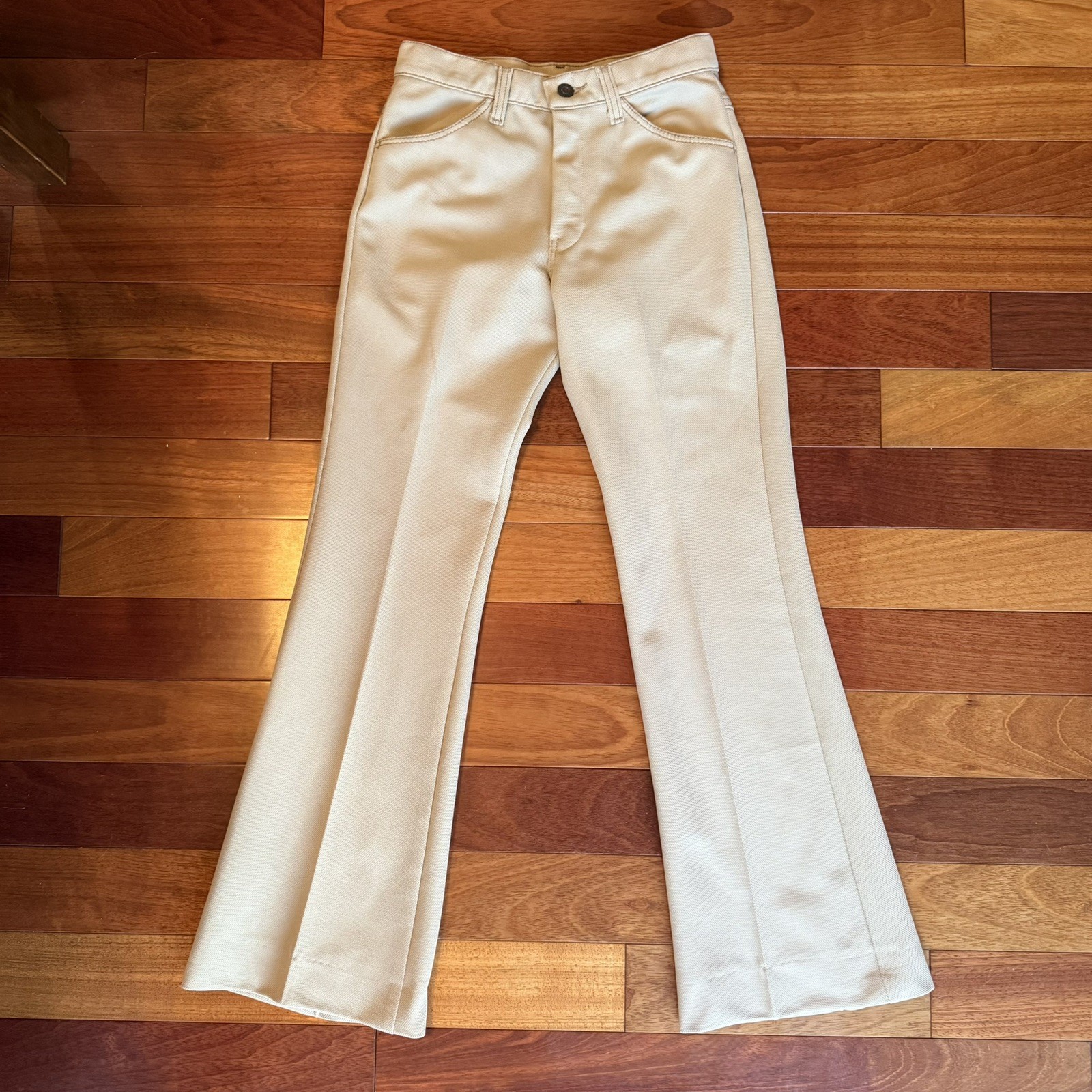 Vintage 70s Farah Flared Bell Bottom Polyester Dress Pants Beige 26×30