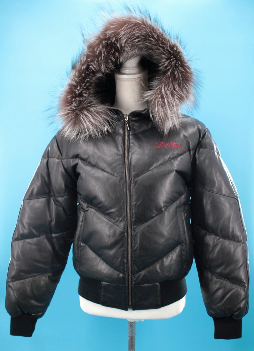 VTG Women’s Y2K Black Ecko Red Leather Down Puffer Coat W/ Fur Trim Hood Jacket