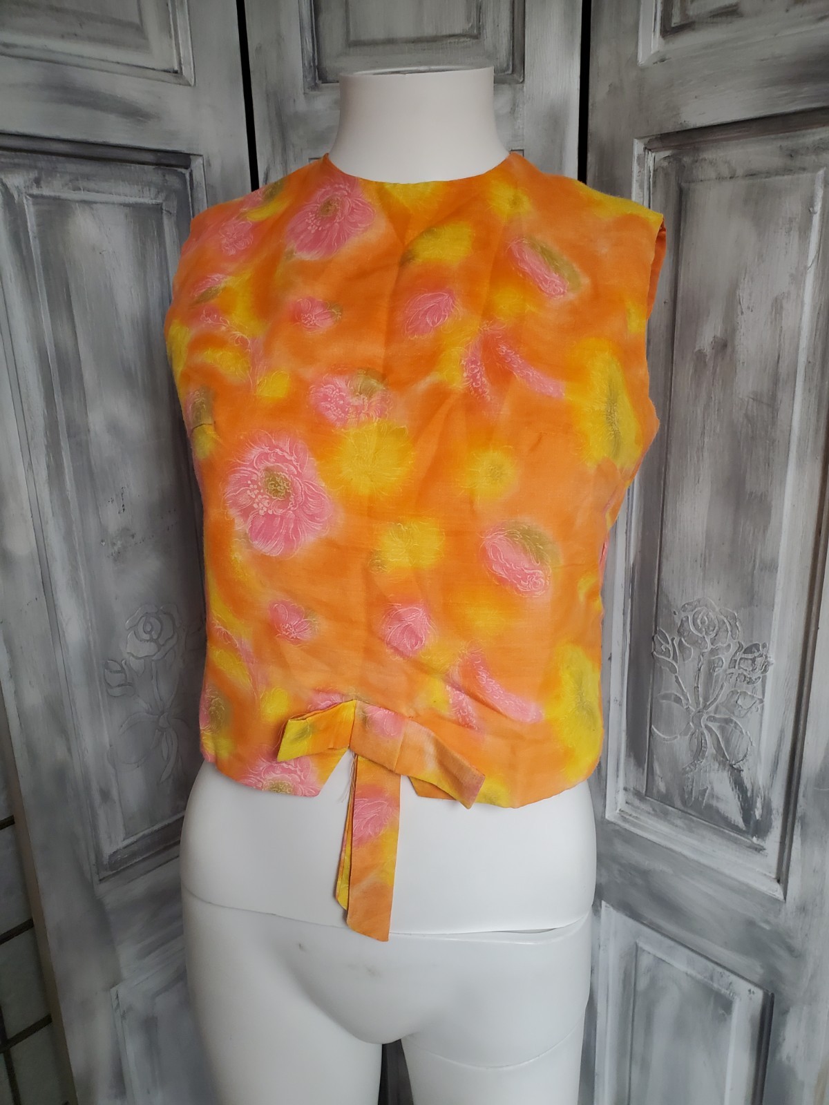 S VTG 50s 60s Colorful Button Up Back Cropped Top Floral Beach Shirt blouse
