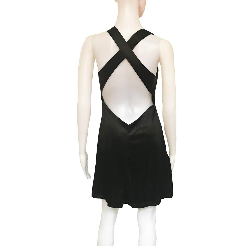 Vintage 1990s Black Satin Beaded Halter Mini Skater Dress S Cocktail Prom LBD