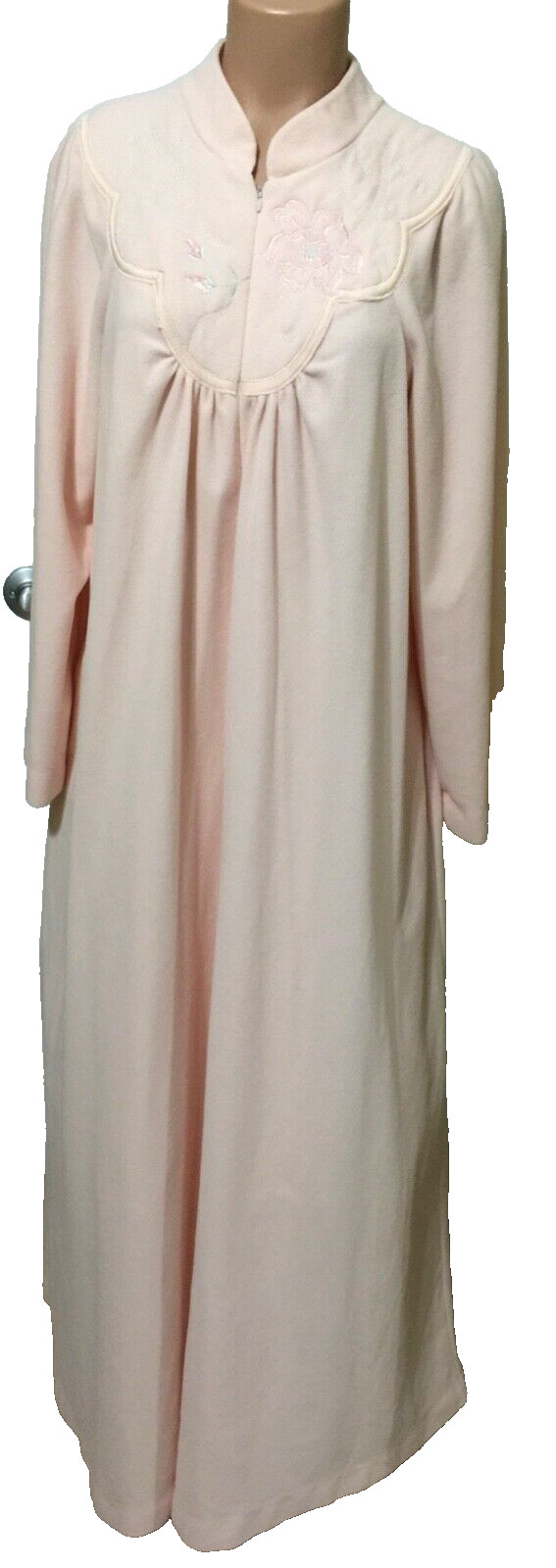 Vintage fleece robe warm soft pink long 3/4 zip front embroidered size L