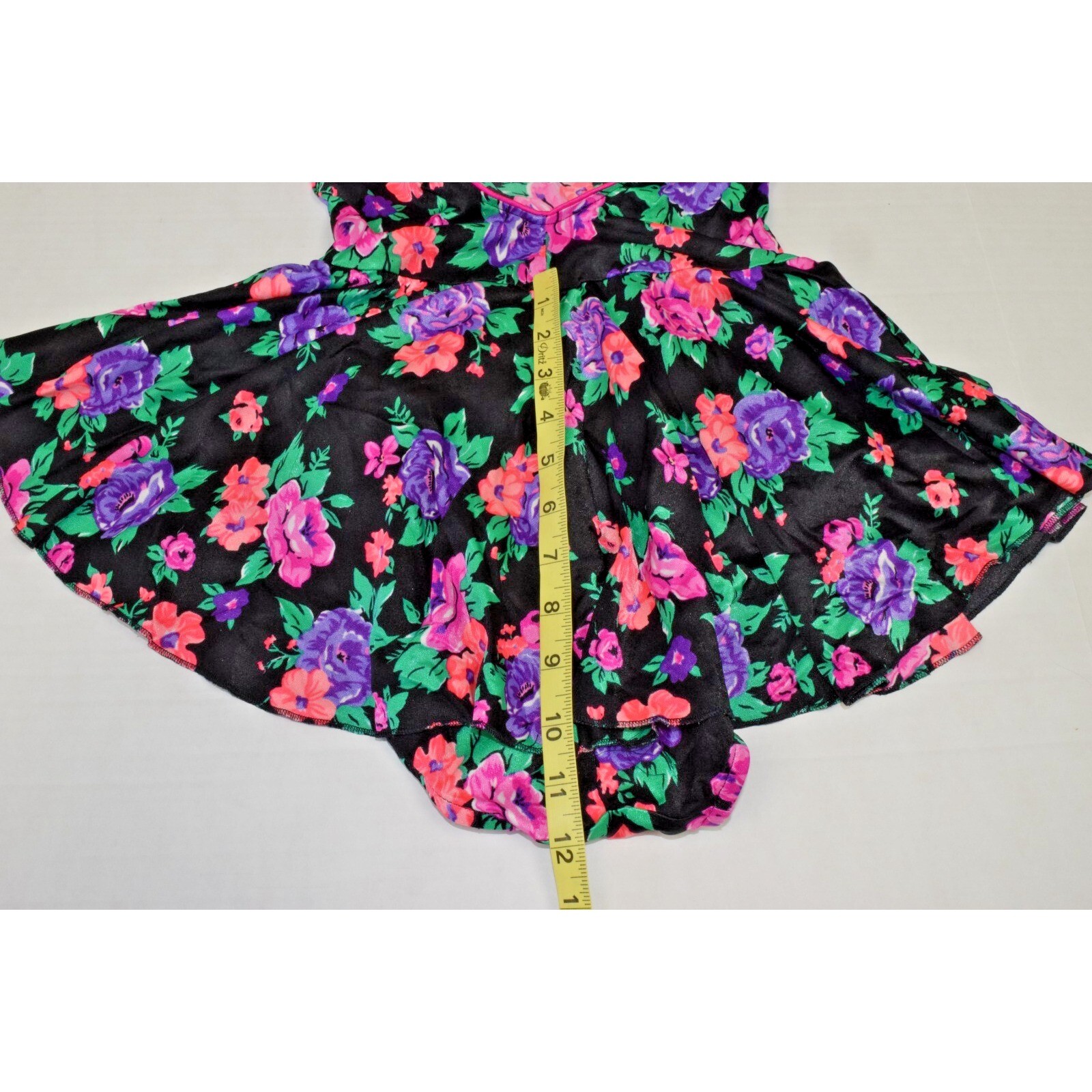 Vintage Swimsuit Size S/M 80s Glossy Black Pink Purple Flowers Full Skirt Bra