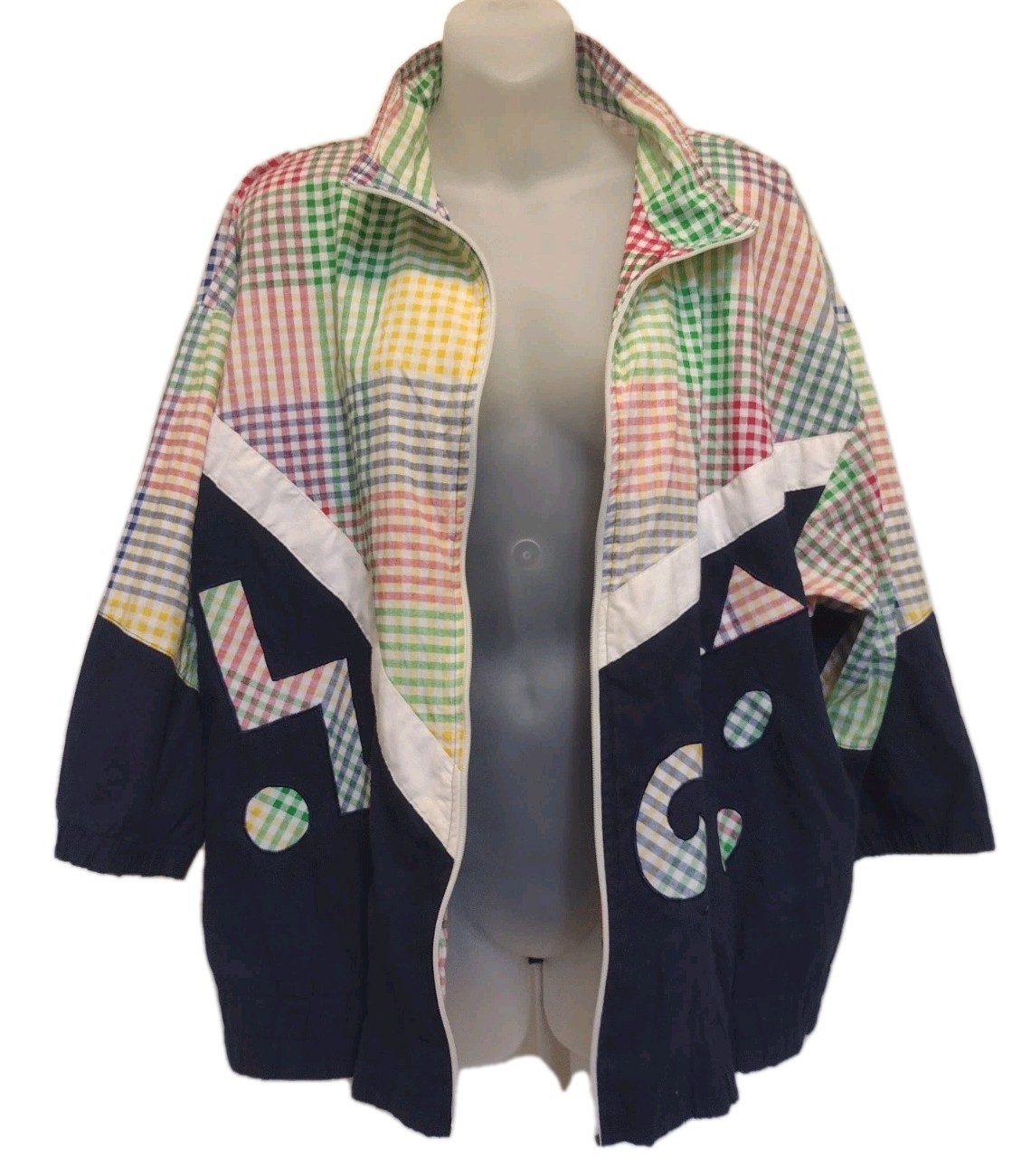 Vintage Adolfo Sport Colorblock Jacket XL Geometric Gingham Zip Memphis 80s