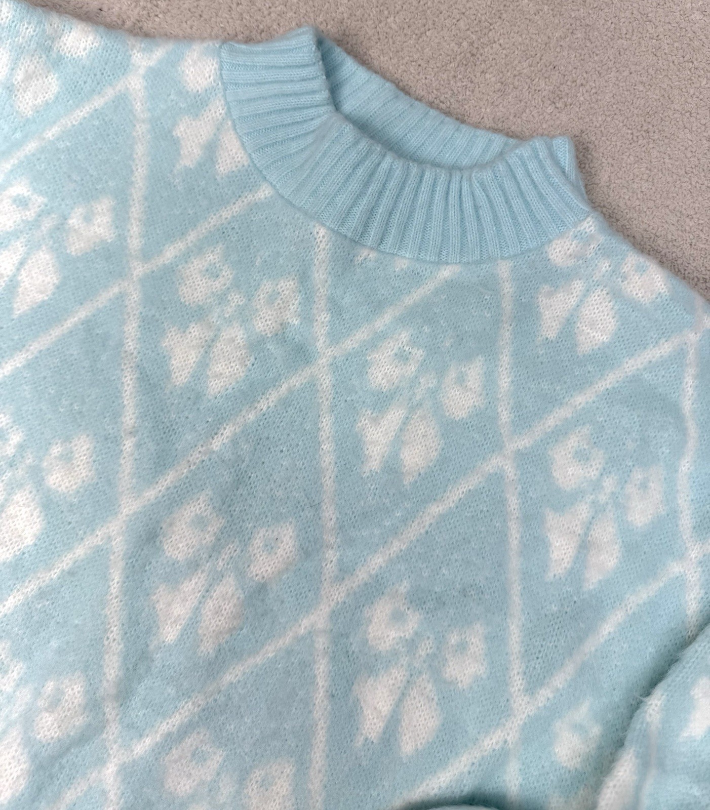Vintage Pastel Blue Bow Argyle Sweater Made USA Soft Knit Y2K Women’s Size L