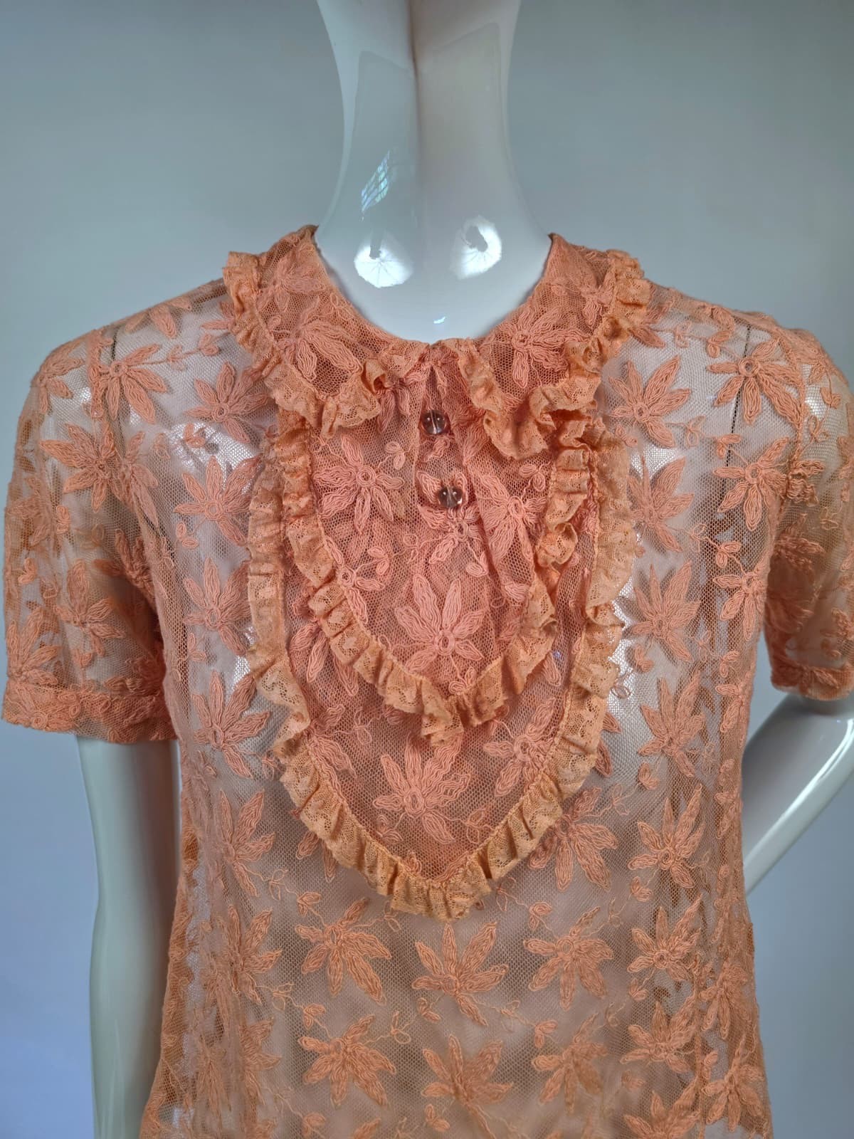 1930’S PINK EMBROIDERED NET LACE BLOUSE W RUFFLED FRONT