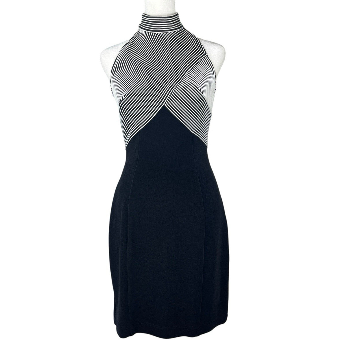 Vintage Y2K Retro TADASHI Black Striped Halter Top Bandage Fitted Dress MEDIUM