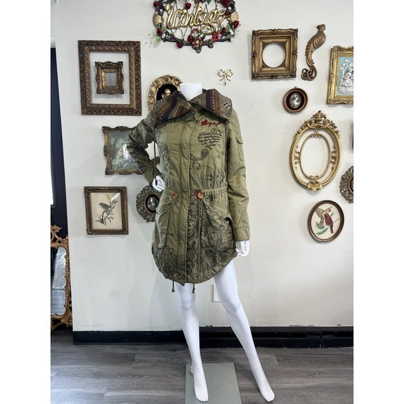 Desigual Vintage Y2K Olive Green Boho Graphic Parka Jacket 38