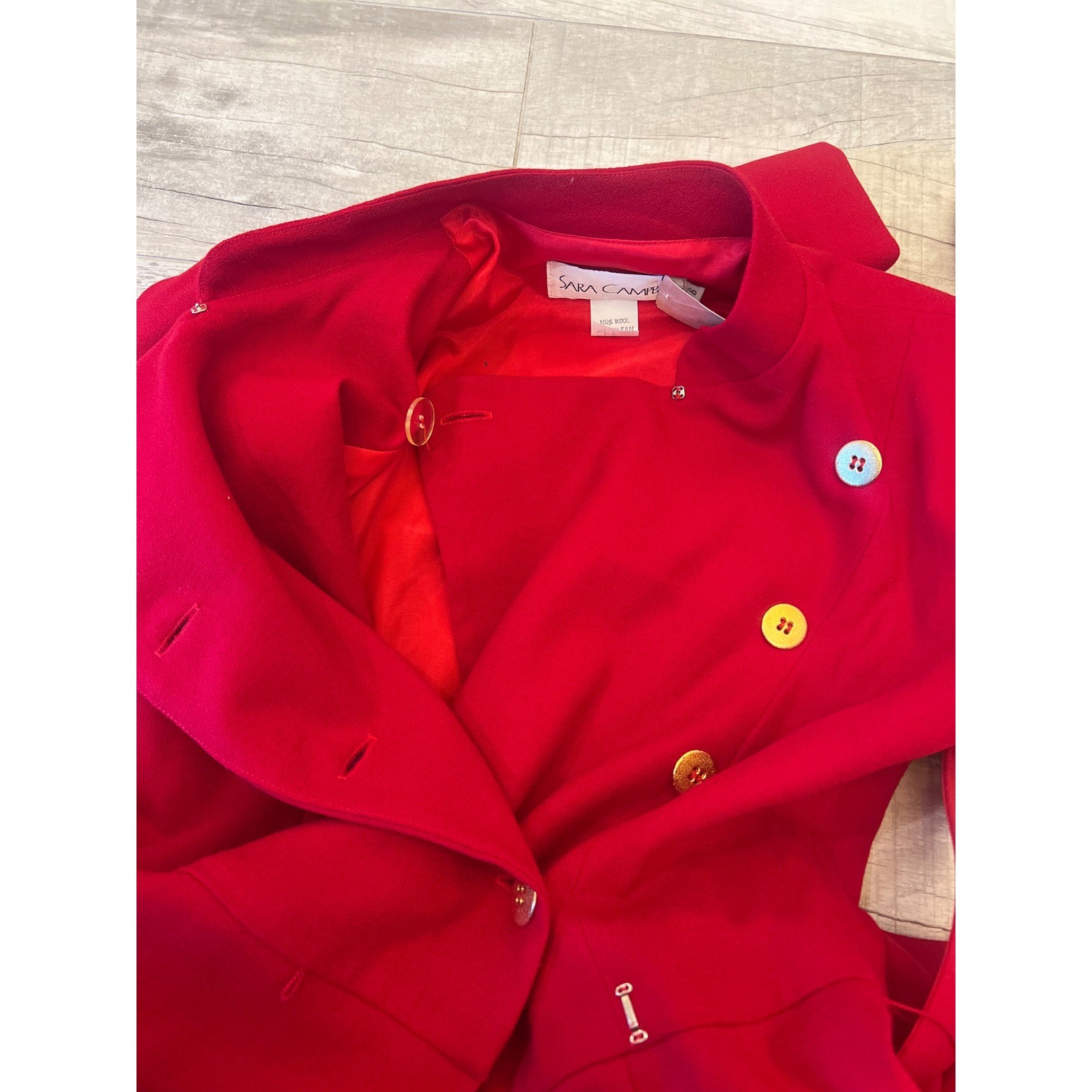 Sara Campbell Red Wool Dress Vintage Military Style Belted Asymmetrical Size 6