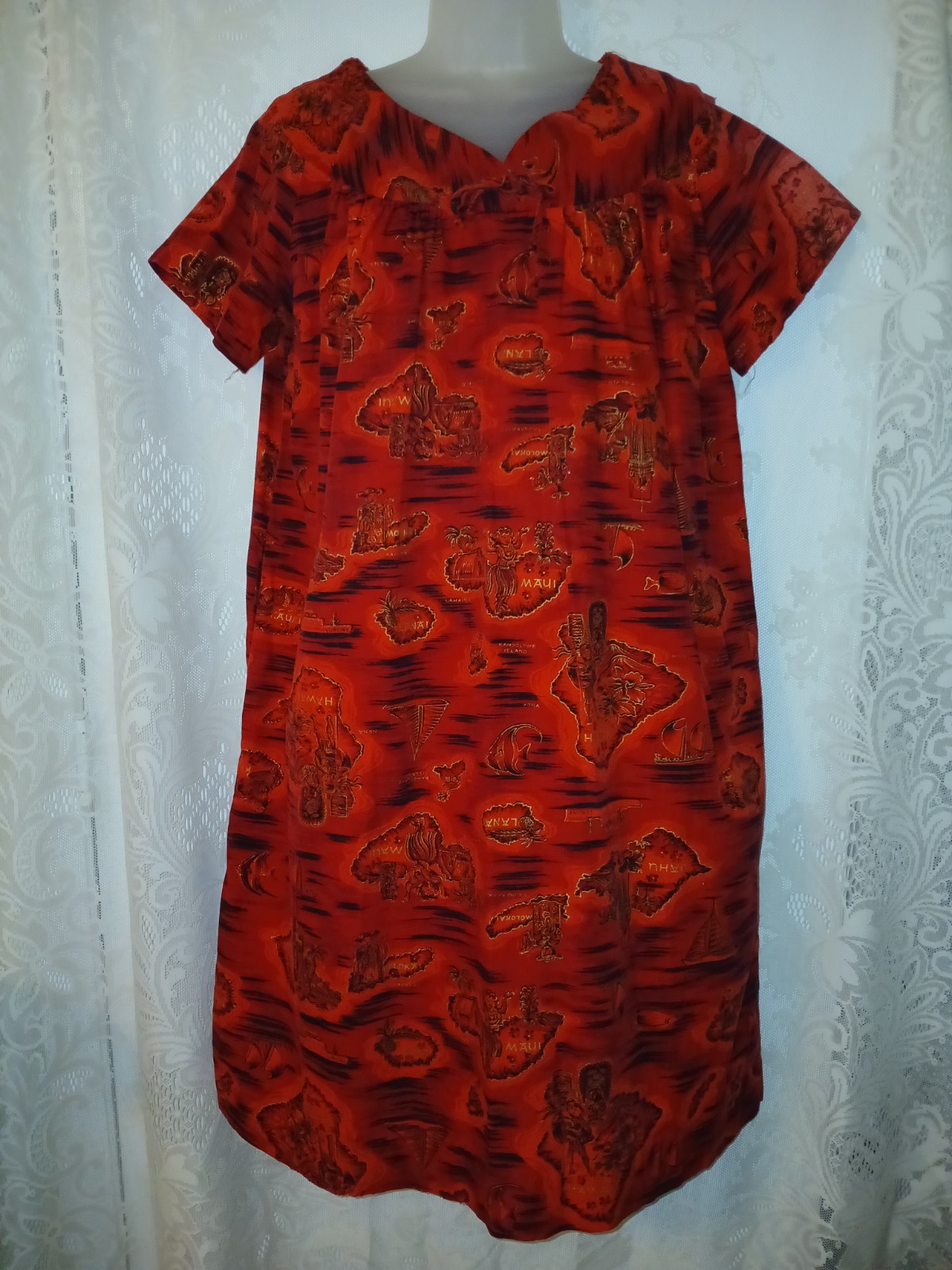 Vintage 70s Hawaiian Modes Red Island Cotton Muumuu Caftan Tiki Oasis Dress S