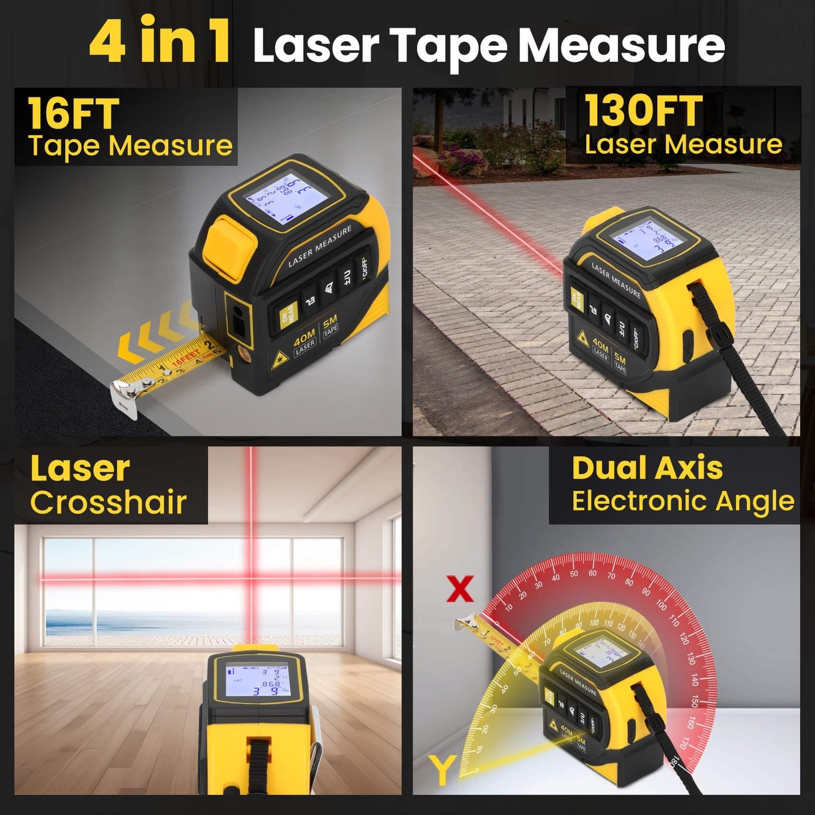 Edovaf 4-in-1 Laser Tape Measure 16FT AutoLock 130FT Laser Level Crosshairs LCD