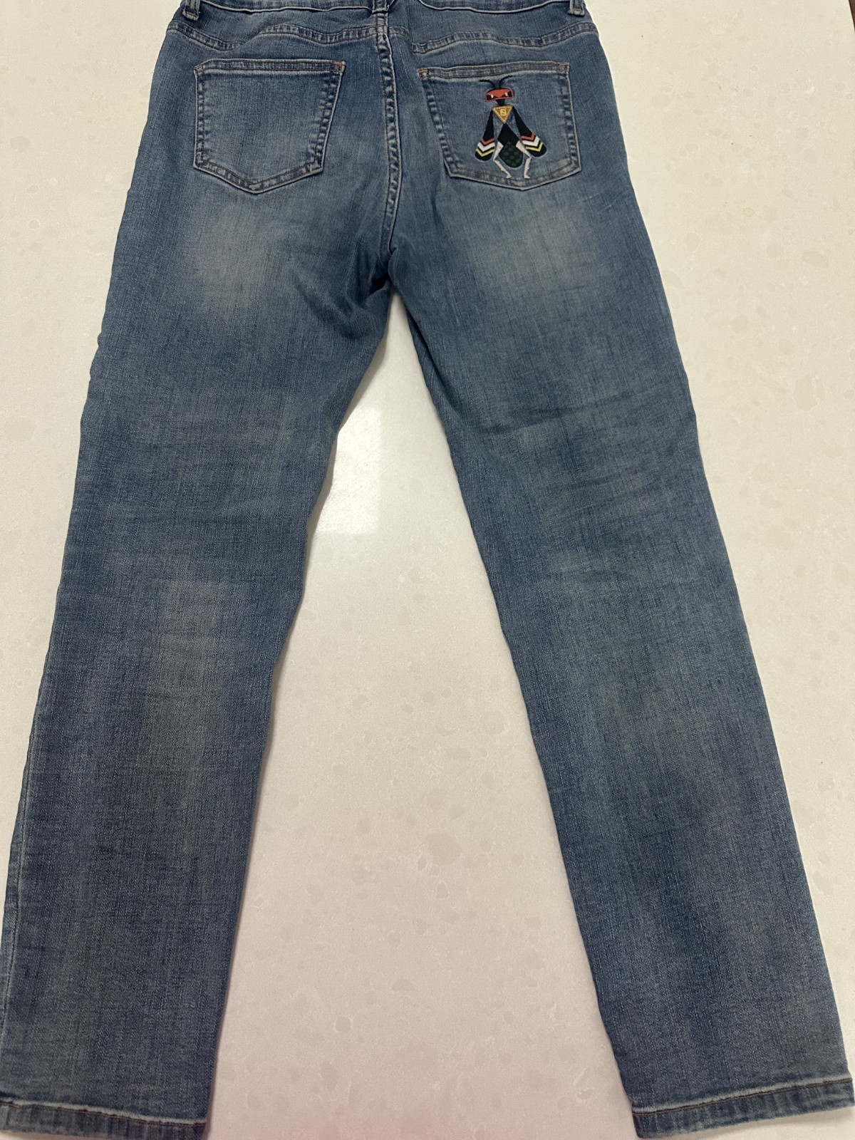 Fendi EU Size 10 Light Wash Denim Jeans with Geometric Embroidered Bug pocket