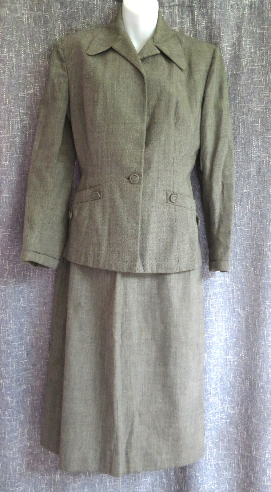 VTG Women’s 40s 2 Pc Gray Wool Jacket & Skirt Dress Suit Set 1940s