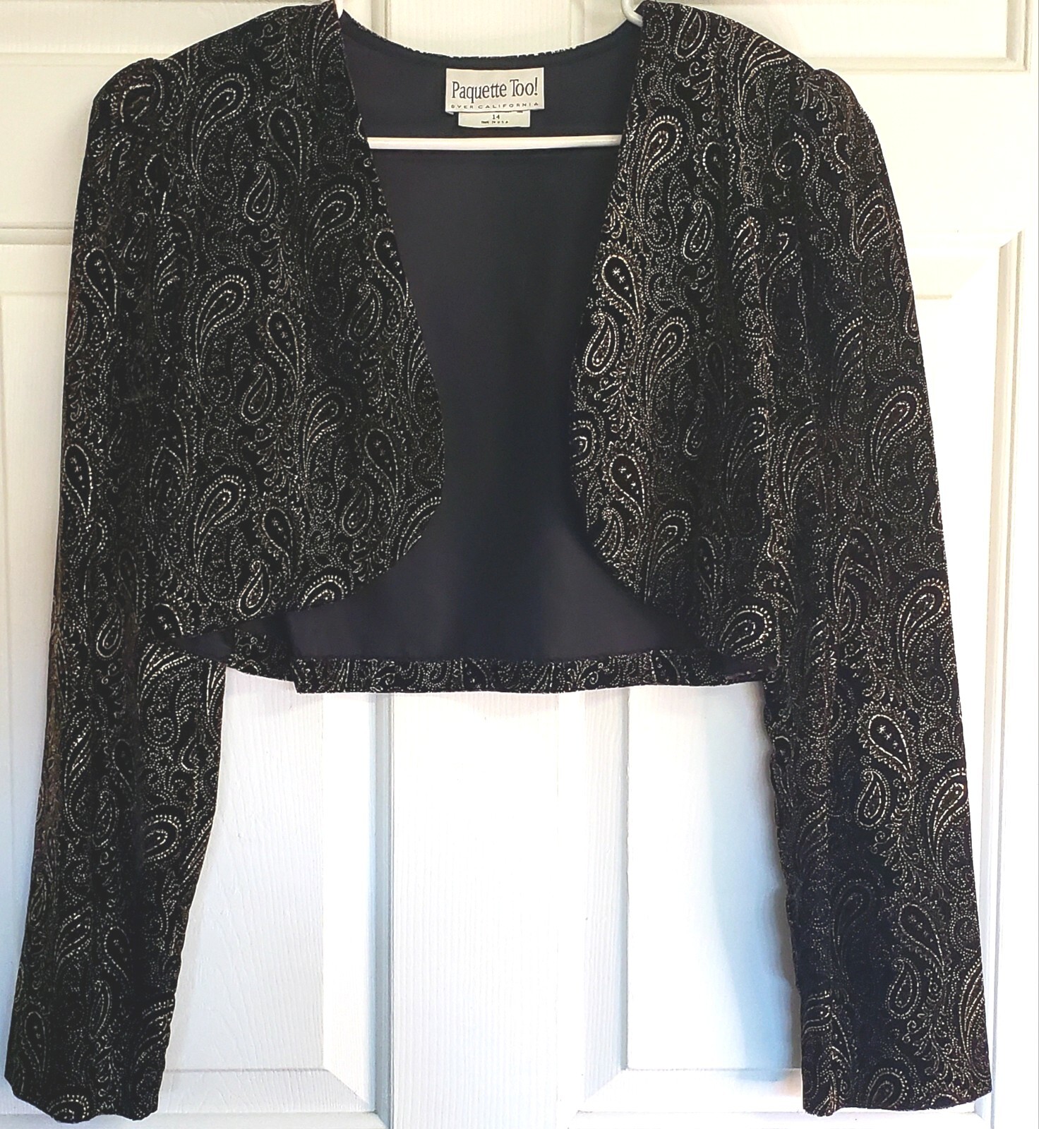 Vintage 80/90’s Cropped Black Velvet Gold Floral Paisley Bolero Jacket Size 14