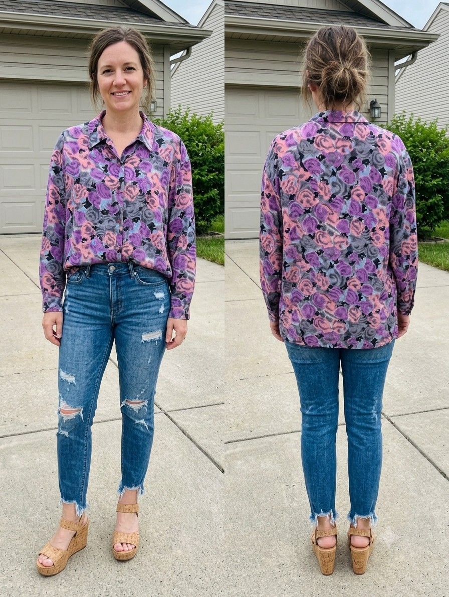 Vintage Stunt Collections Shirt Womens Large 100% Silk Purple Abstract Blouse