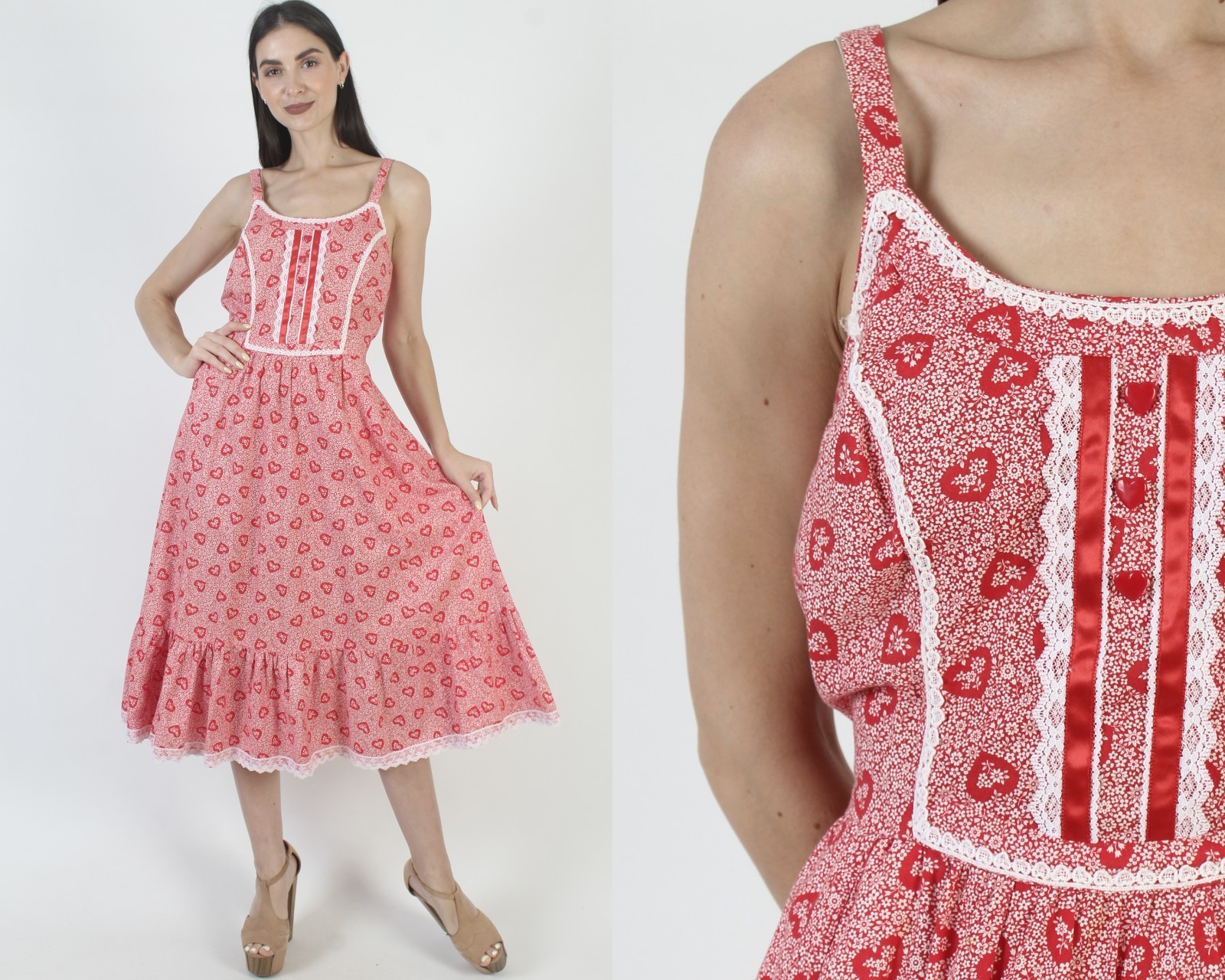 Vintage Red Heart Print Dress Calico Crochet Lace Boho Prairie Cottage Sundress