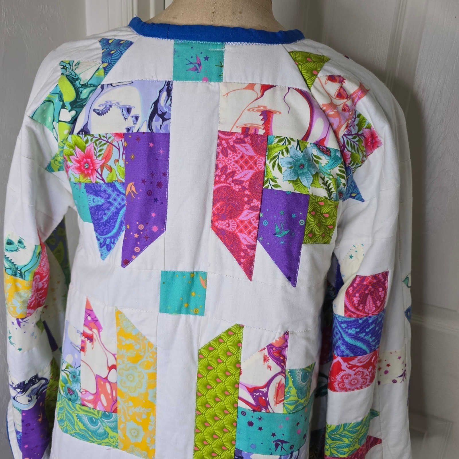 One of a kind blue multi colored handmade quilt coat OS