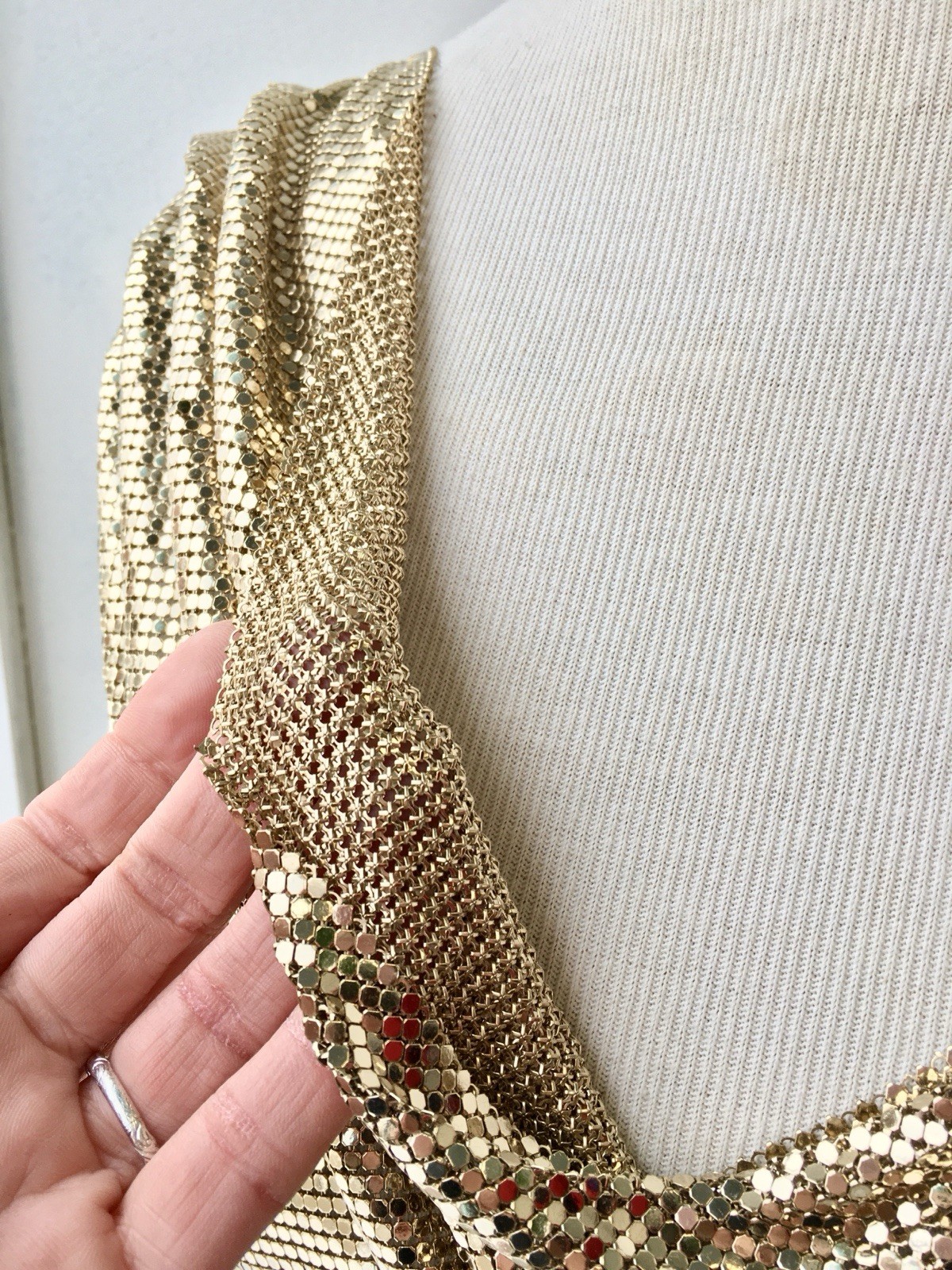 Vtg Whiting Davis Liquid Gold Metal Mesh Chain Mail Draped Front Top 70s Disco M