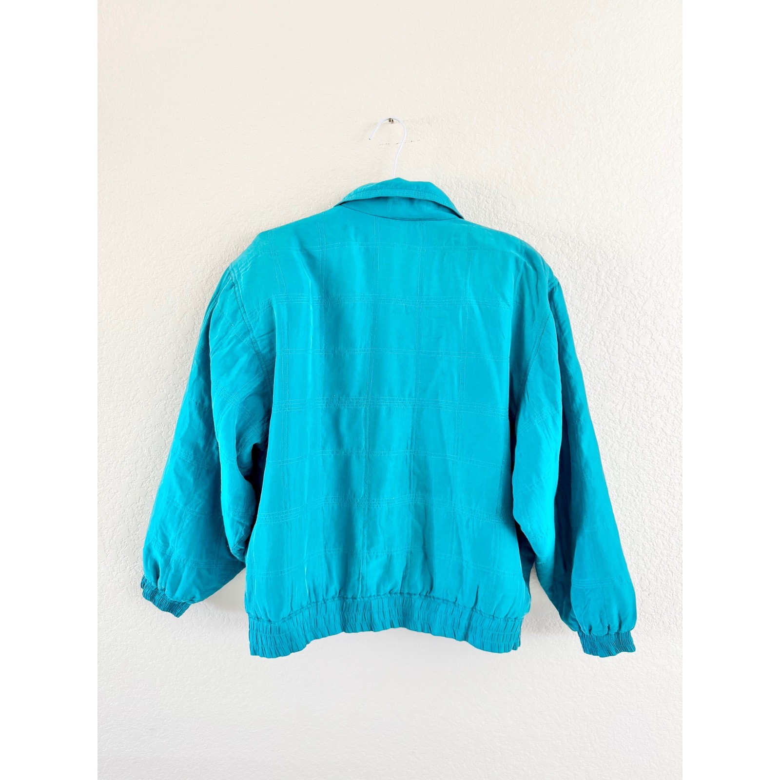 Lavon Silk Bomber Jacket Womens Medium Teal Vintage 80s Grid Stitched Zip Up