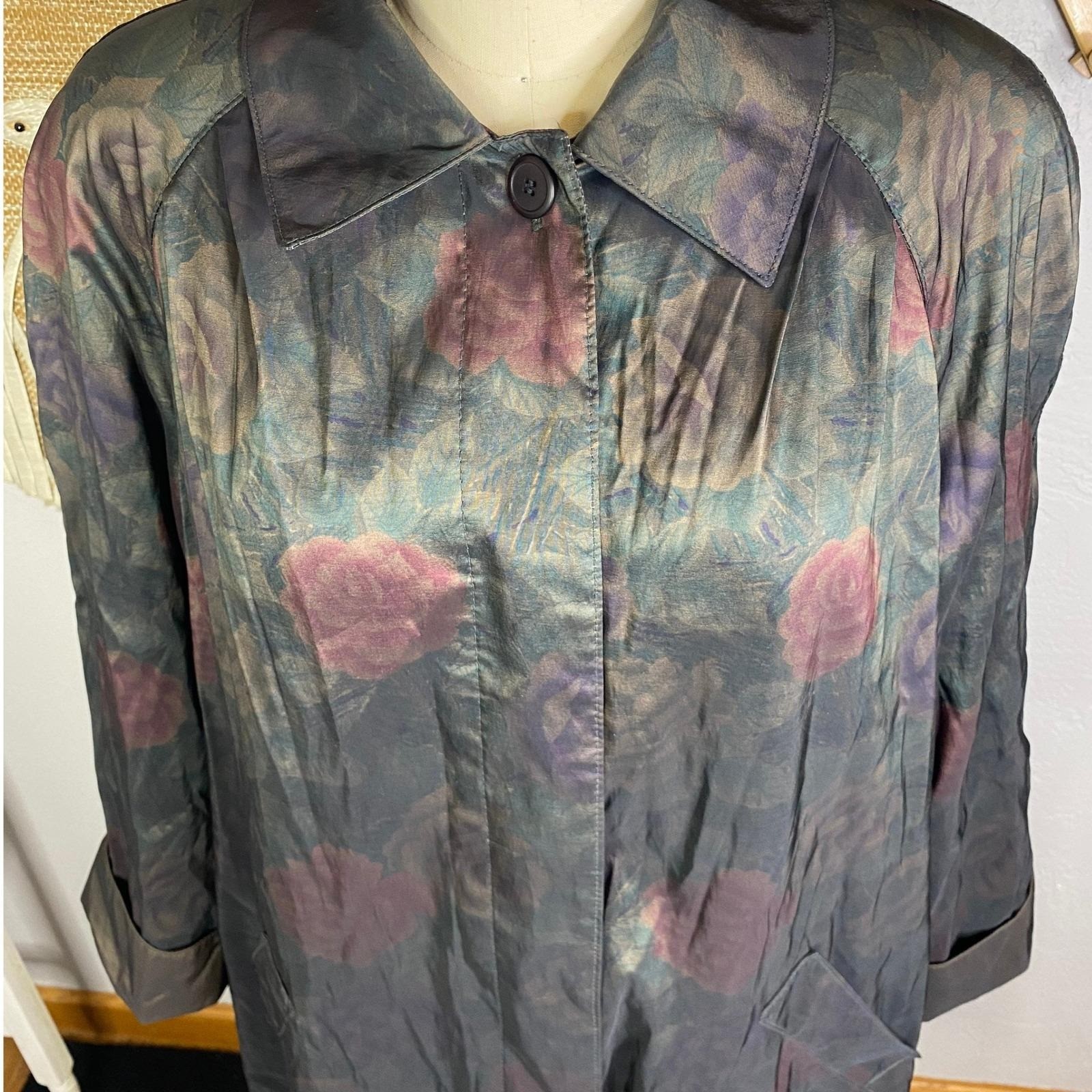 Vintage Iridescent Floral Trench Coat, Cottagecore Windbreaker, Size 10