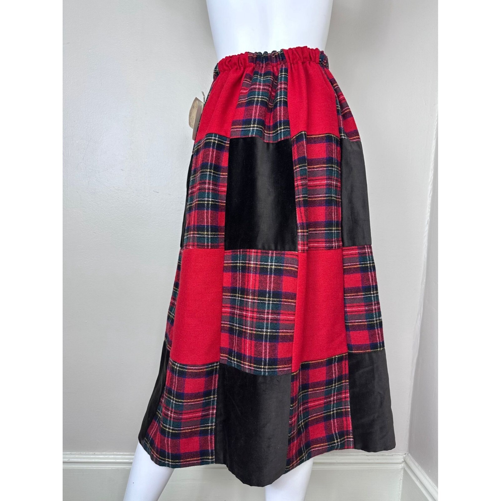 Vintage 1970s Red Plaid Patchwork Midi Skirt 70s Young Traditions Deadstock NWT