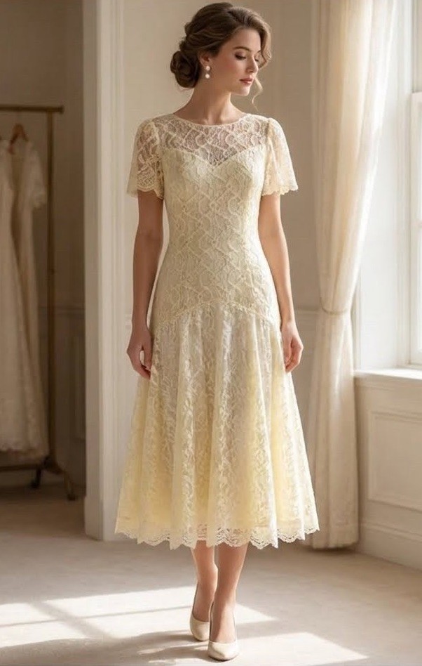 VTG 80s HW Collections Ivory Shiny Sequin Lace Drop Waist Ball Gown Wedding M-L