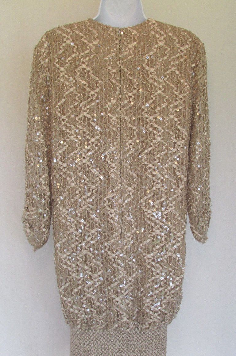VINTAGE 1960s 70s MOD SIASIA DRESS MOCHA LACE RIBBONS SEQUINS SOUTACHE SIZE 12
