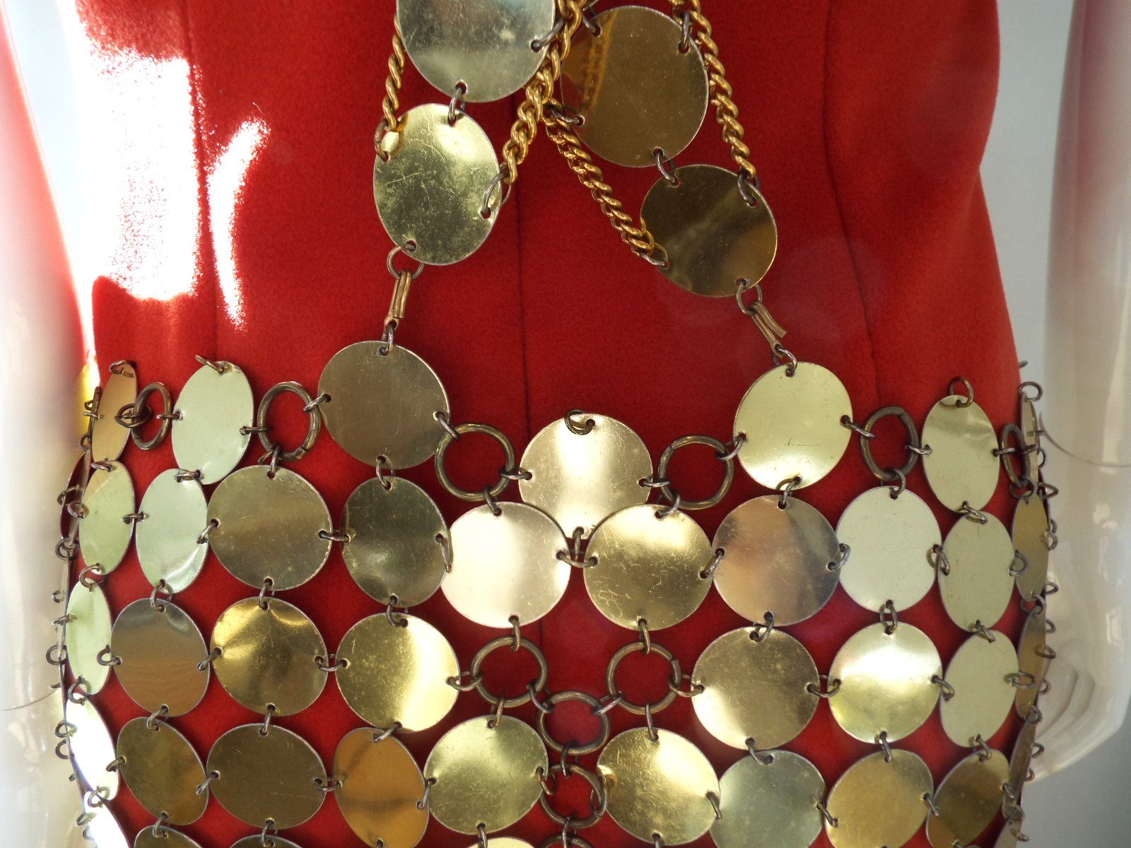 Vintage 1960s Gold Tone Metal Disc Chain Mail Vest Top & Skirt Dress Paillette