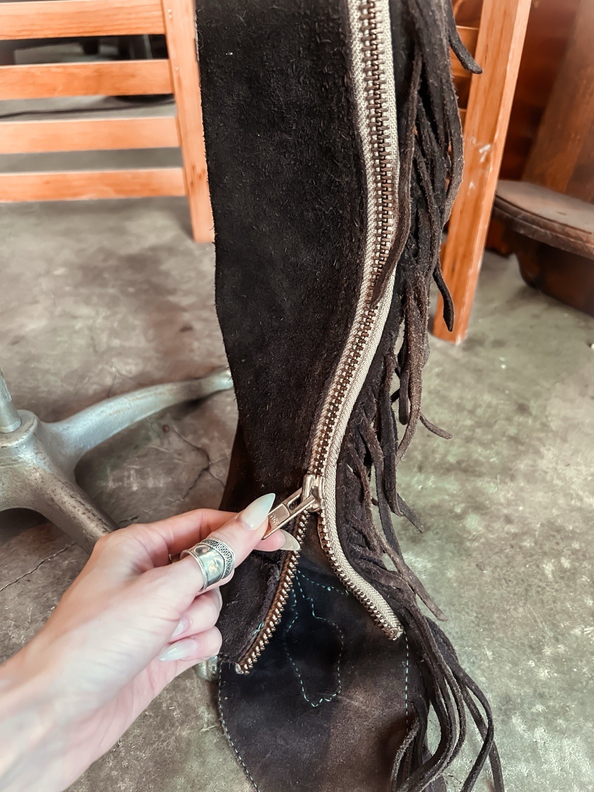 Vintage Handmade Plum Suede Chaps With Floral Detail and Brass Zippers