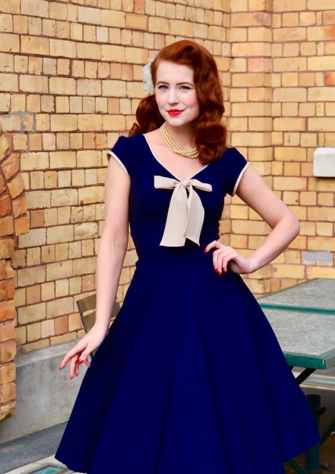 Swing Dress BELINDA Blue Full Skirt L Celebrity Brand Vintage Retro NWT $170