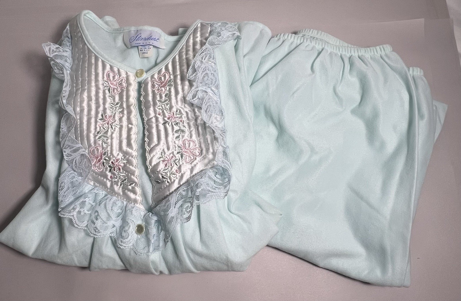 Vintage Stardust 2 Piece Pajama Set Med Aquamarine Nylon Romantic