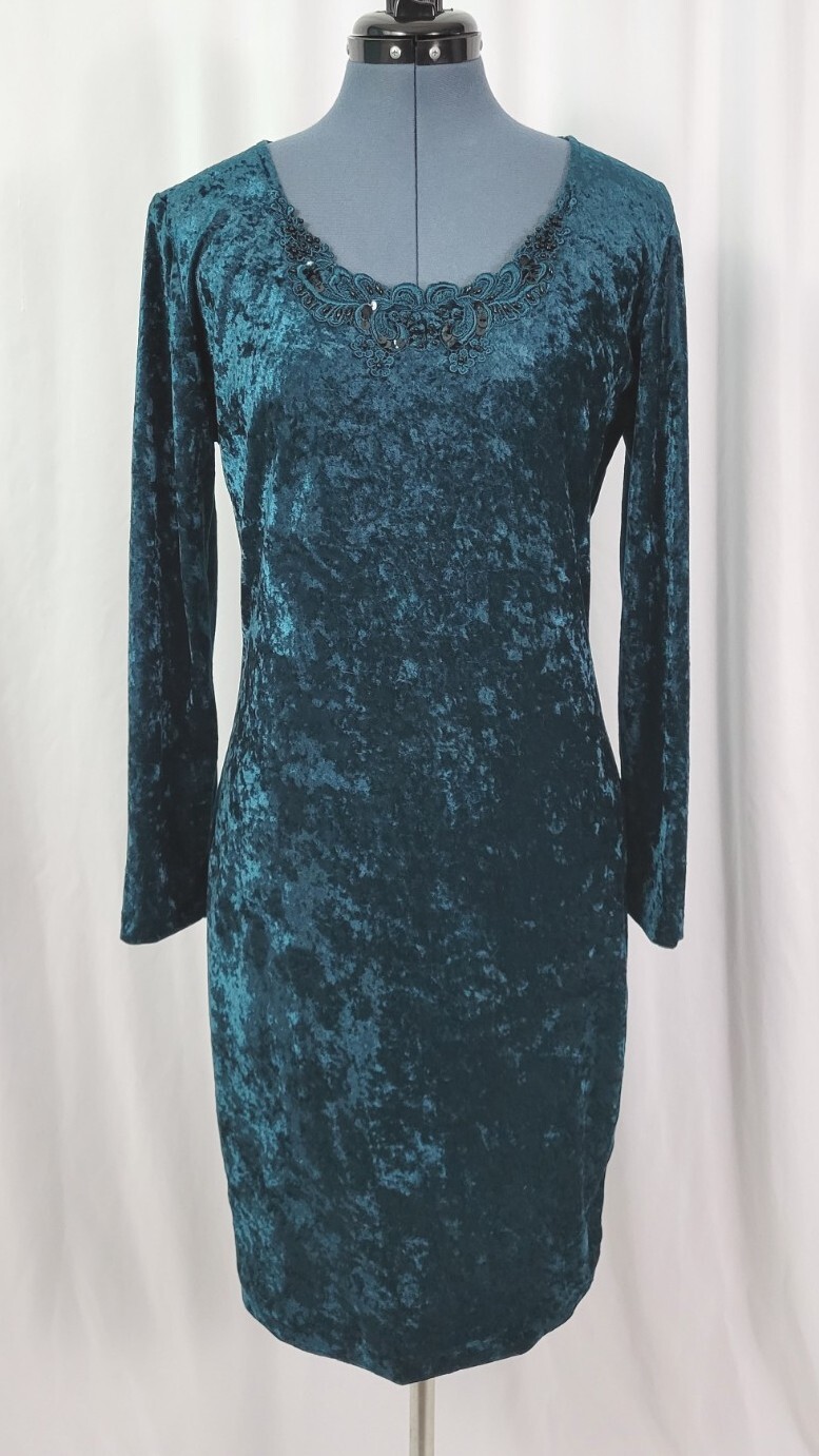 Vtg Molly Malloy Teal Green Crushed Velvet Wiggle Dress w Lace & Beads Size 12