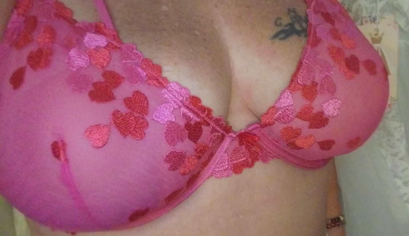 VTG SILKY NYLON MESH EMBRD HEARTS FRILLY OPAQUE SHEER BRA 40D PINK RED