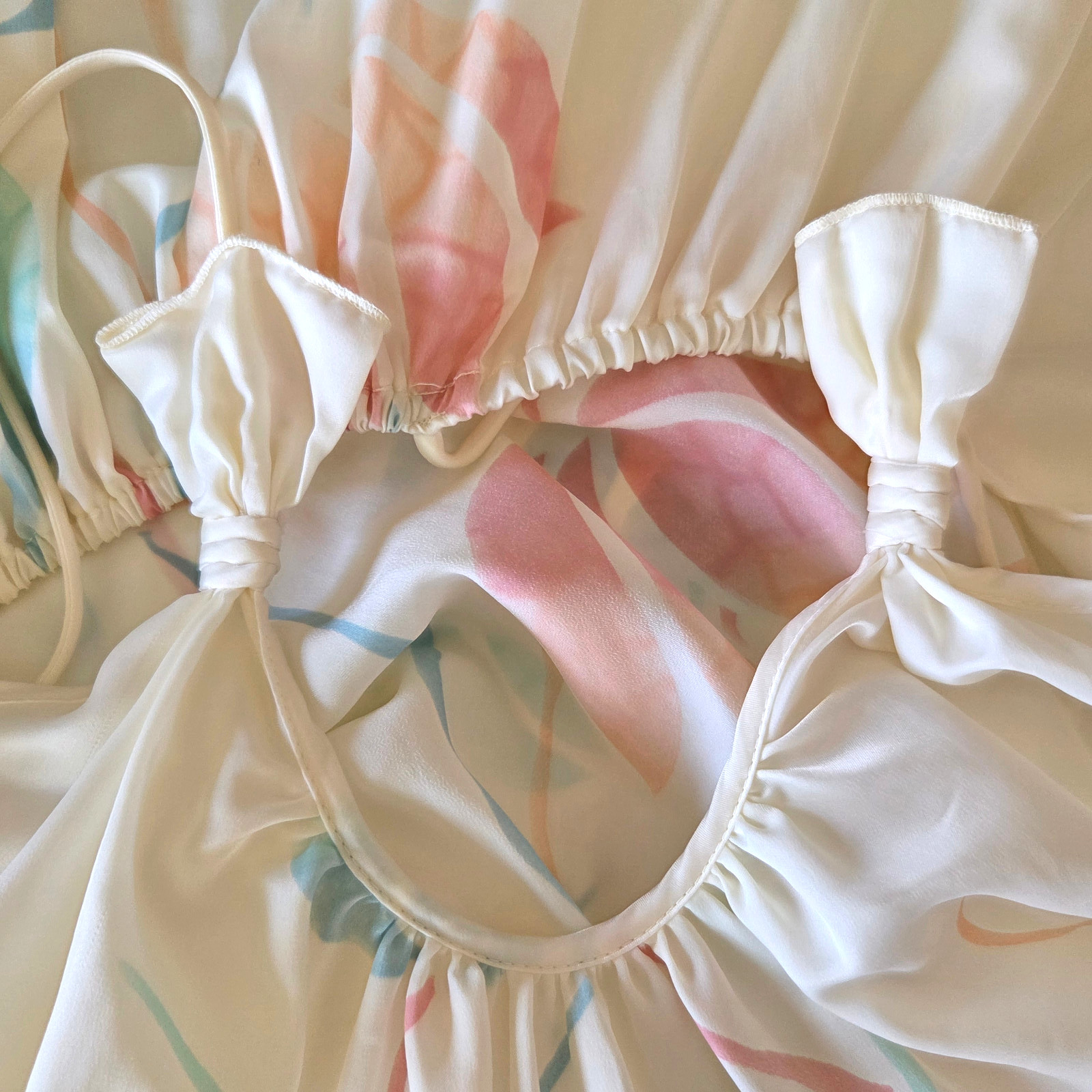 Vintage Mary McFadden S Dress Pastel Floral Lotus Pink Blue on Cream Bow Strap