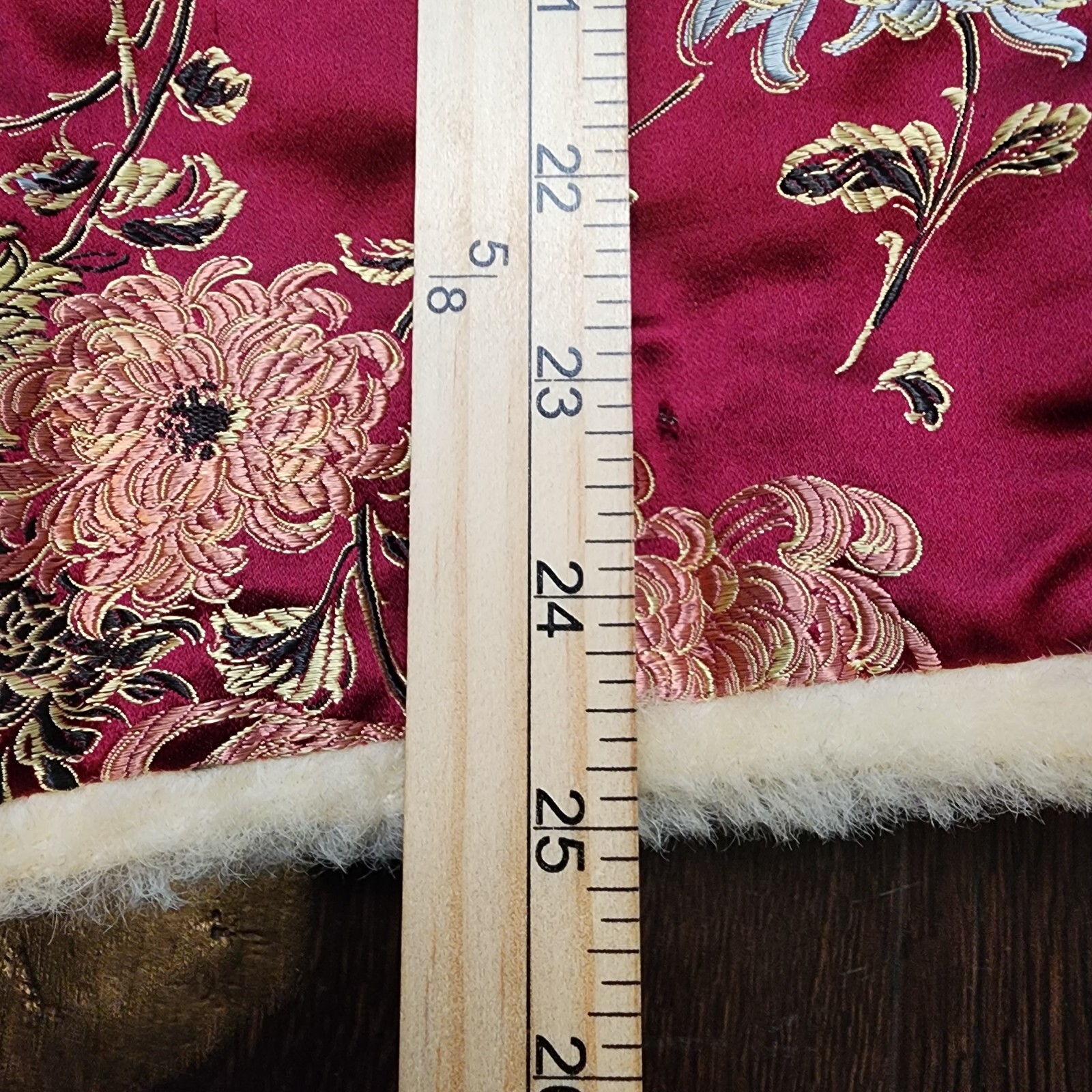 Vintage 70s Asian Mandarin Sherpa Lined Jacket Coat Silk Burgundy Chrysanthemum