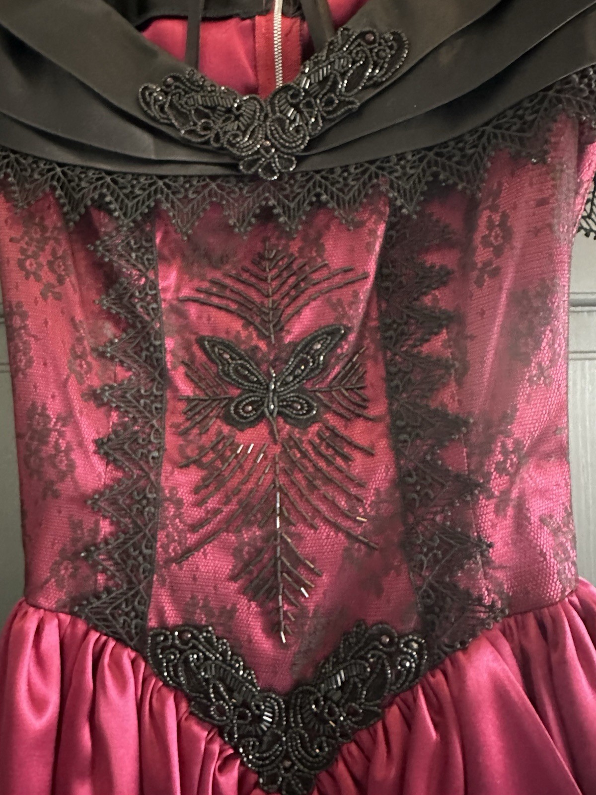Gorgeous Vintage Burgundy & Black Evening Gown W/Hand Sewn Beading/Corset bodice