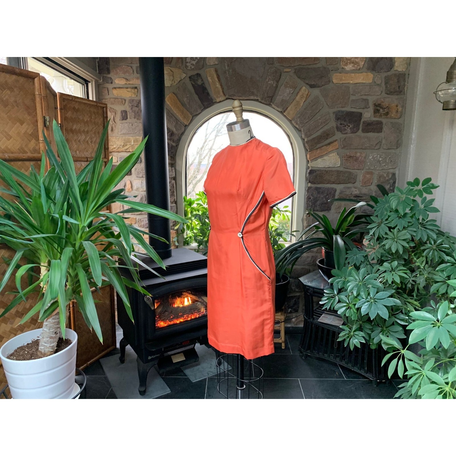 Vintage 1970s Orange Silk Dress Black and Ivory Piping Decorative Buttons