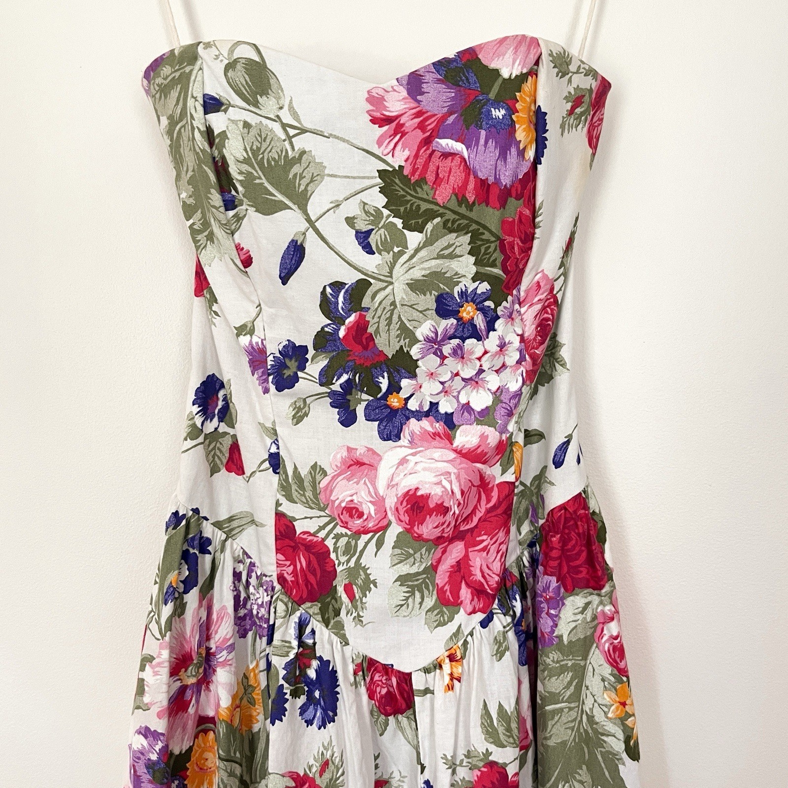 Vintage 80s Strapless Basque Waist Floral Midi Dress with Pink & Purple Blooms