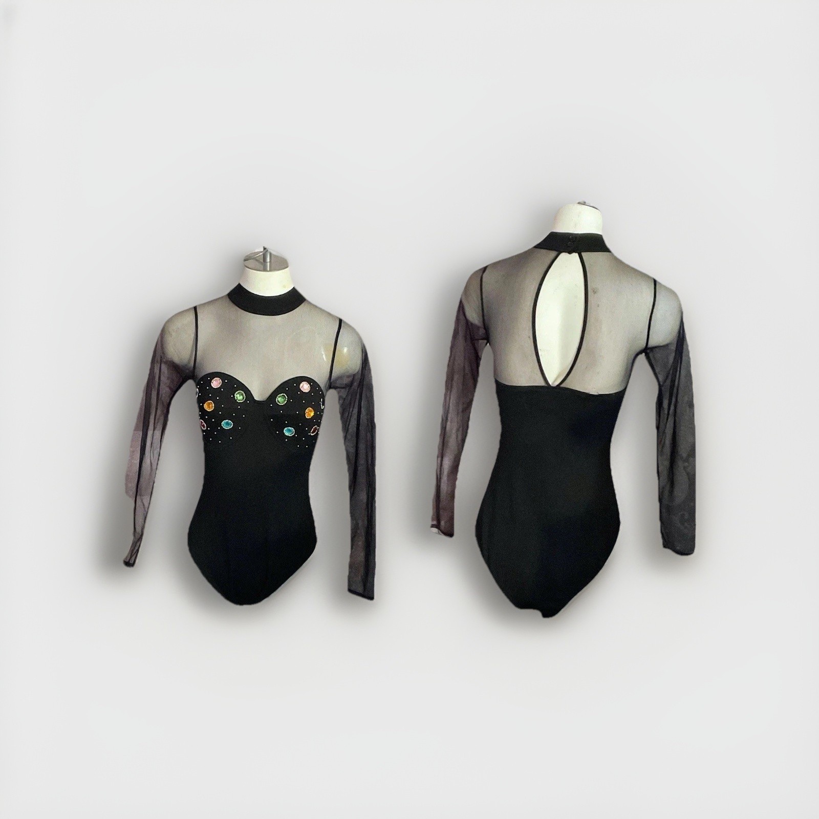 Vtg 90s Black Bodysuit Sheer Crotch Snap Embellish Jewels Disco Club Dance Mediu
