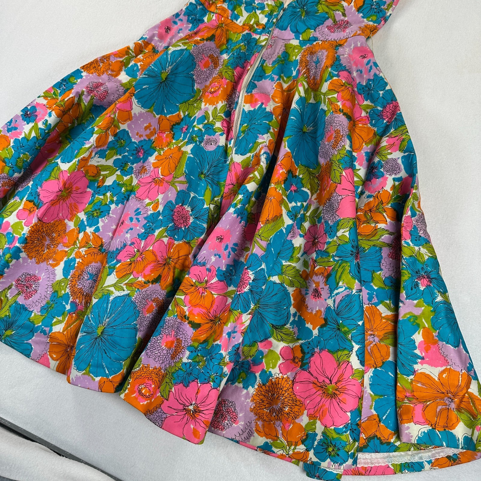 1950s 1960s Vintage Dress Full Skirt Bright Colorful Floral Low Back Statement