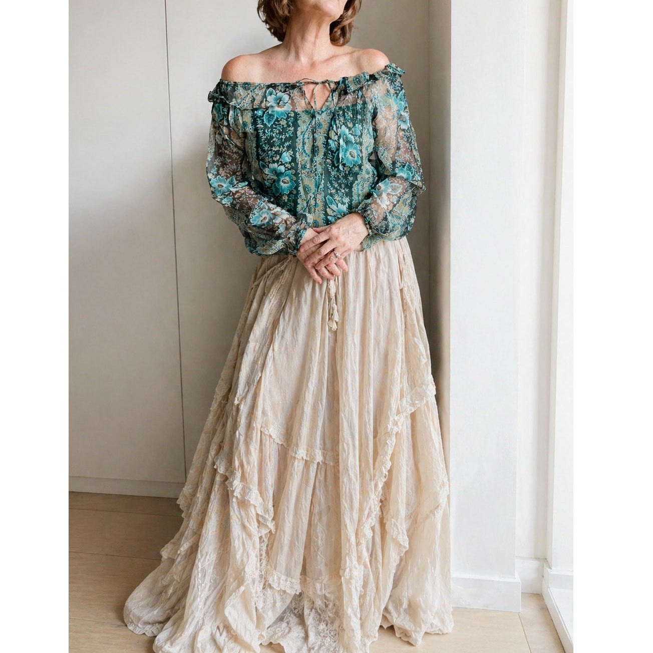 Womens Vintage Sheer Floral Poet Blouse Teal White ruffled Collar Designer