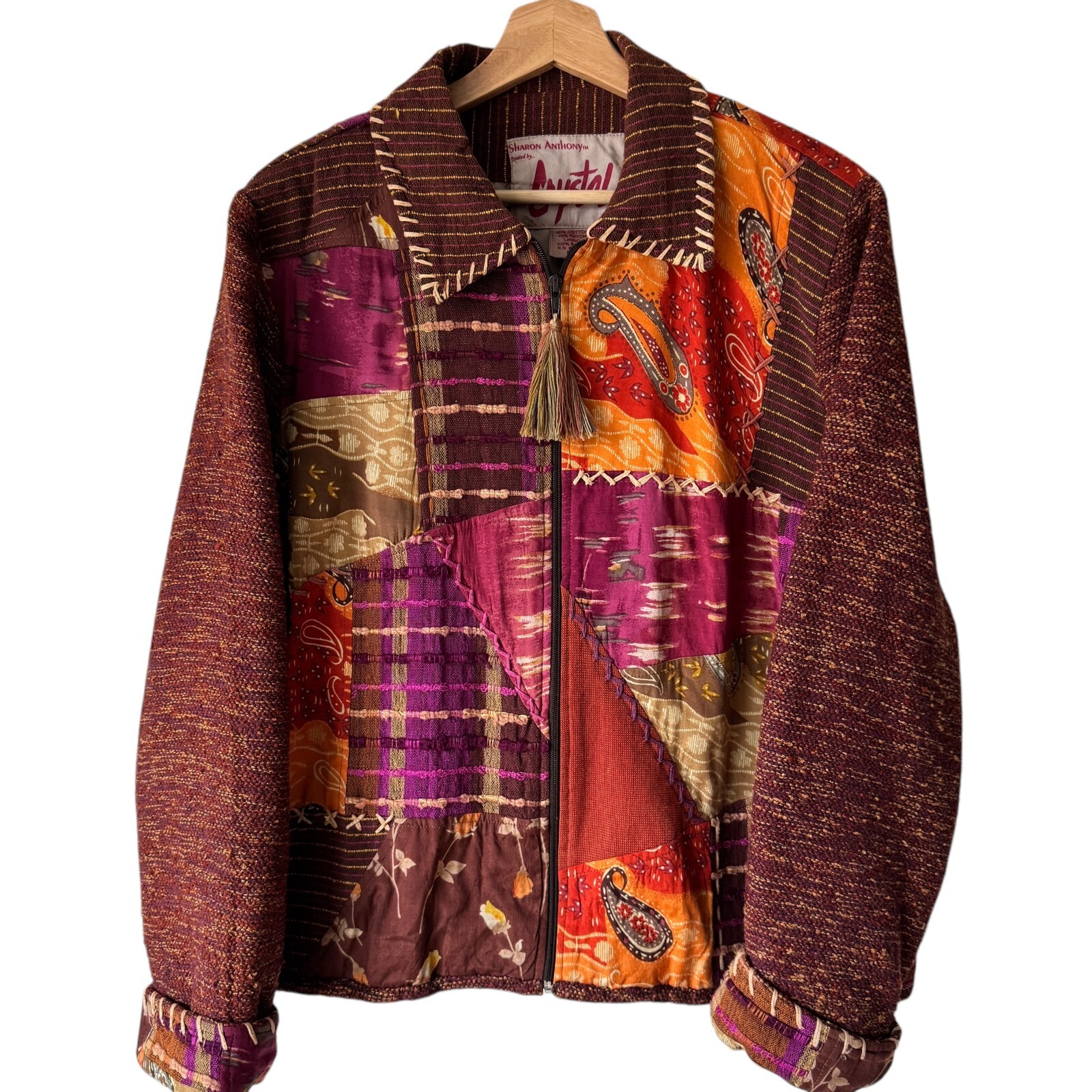 Vintage XL 90s Sharon Anthony Created By Crystal Patchwork Zip Up Jacket Lined