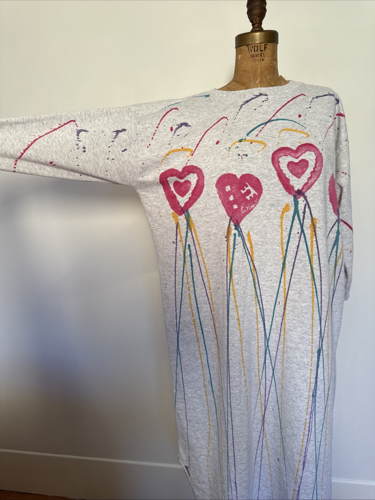 Vintage 80’s Cozy Sweatshirt Dress Heart Splatter Paint Print Cozy One Size